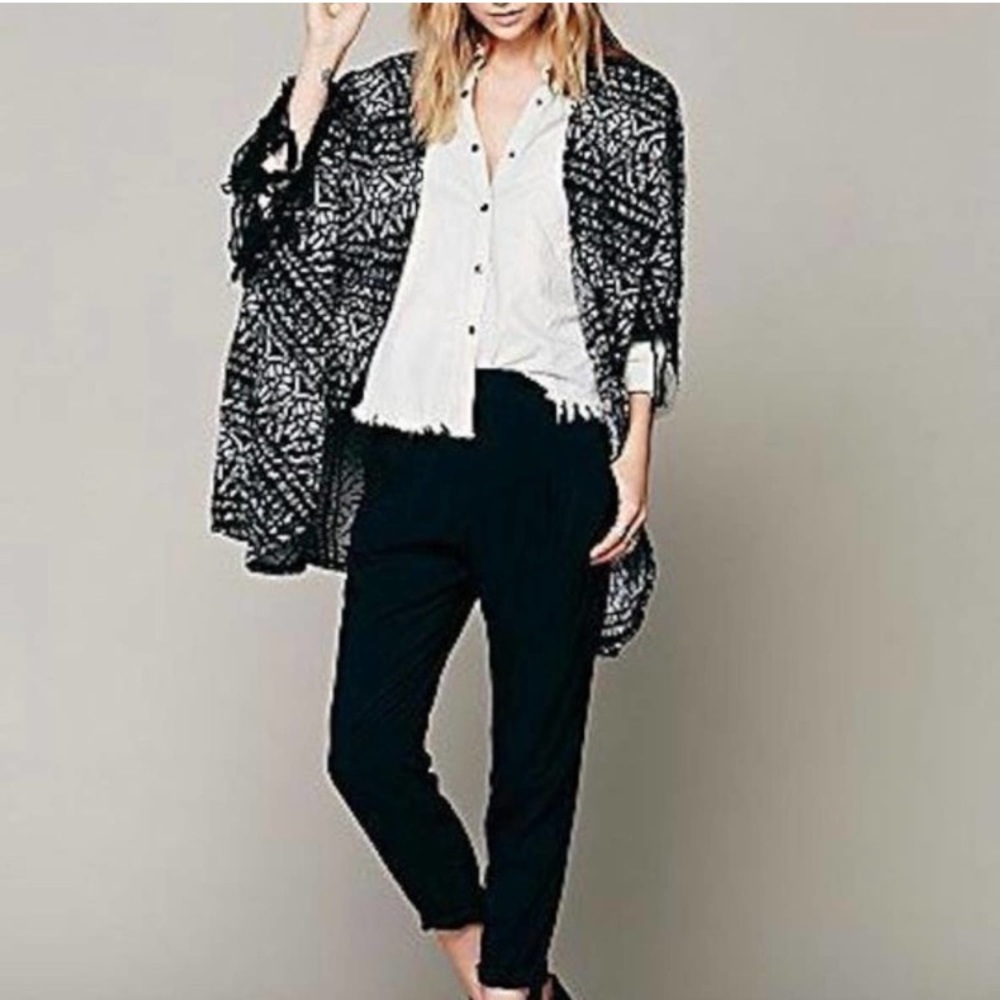 Free people black gray tribal fringe kimono top womens M/L boho - Picture 2 of 10